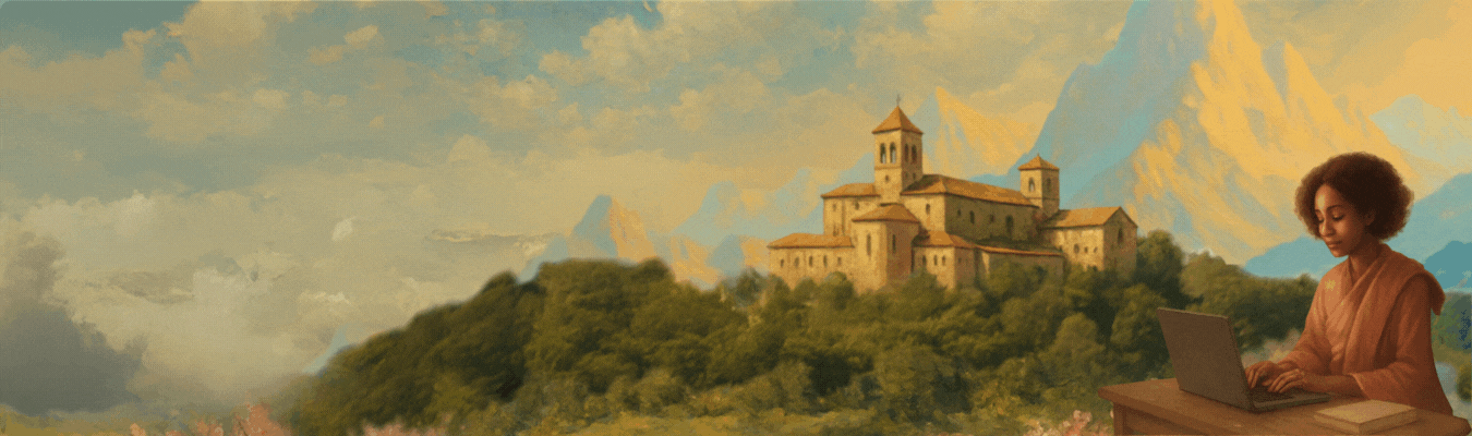 A serene digital painting promoting WorkflowCon 2025, featuring a calm woman typing on a laptop before a sunlit mountain monastery. Tagline: “Clear the chaos. Find your calm.”