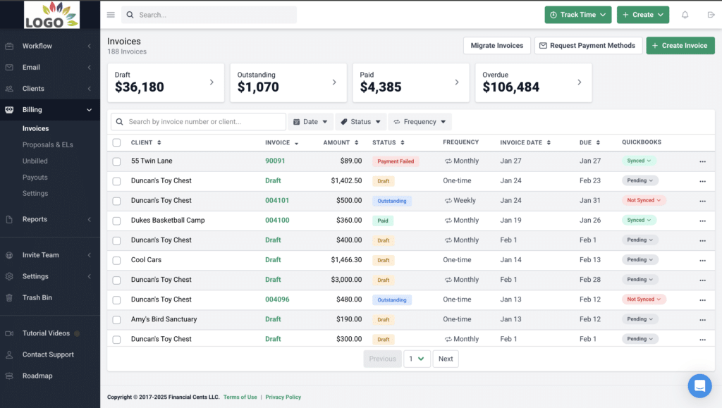 an overview of Financial Cents billing and invoicing dashboard