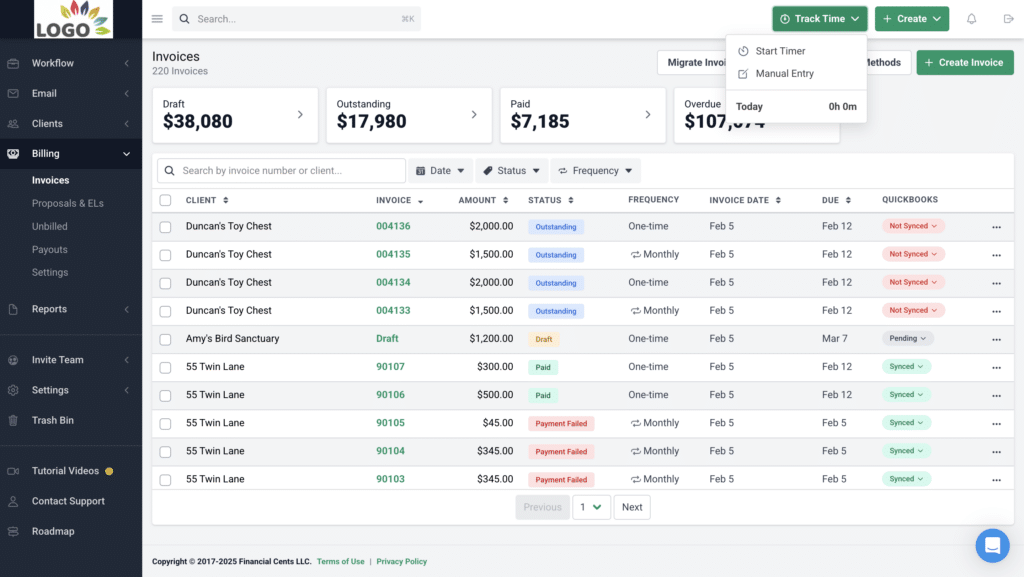 time tracking billing overview in Financial Cents