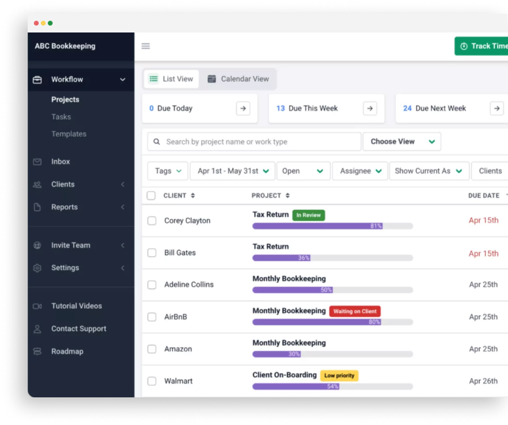 A project management dashboard displays tasks with columns for client, project, assignee, status, due date, and colored status labels. The left sidebar shows navigation options like Inbox, Clients, Reports, and Settings.