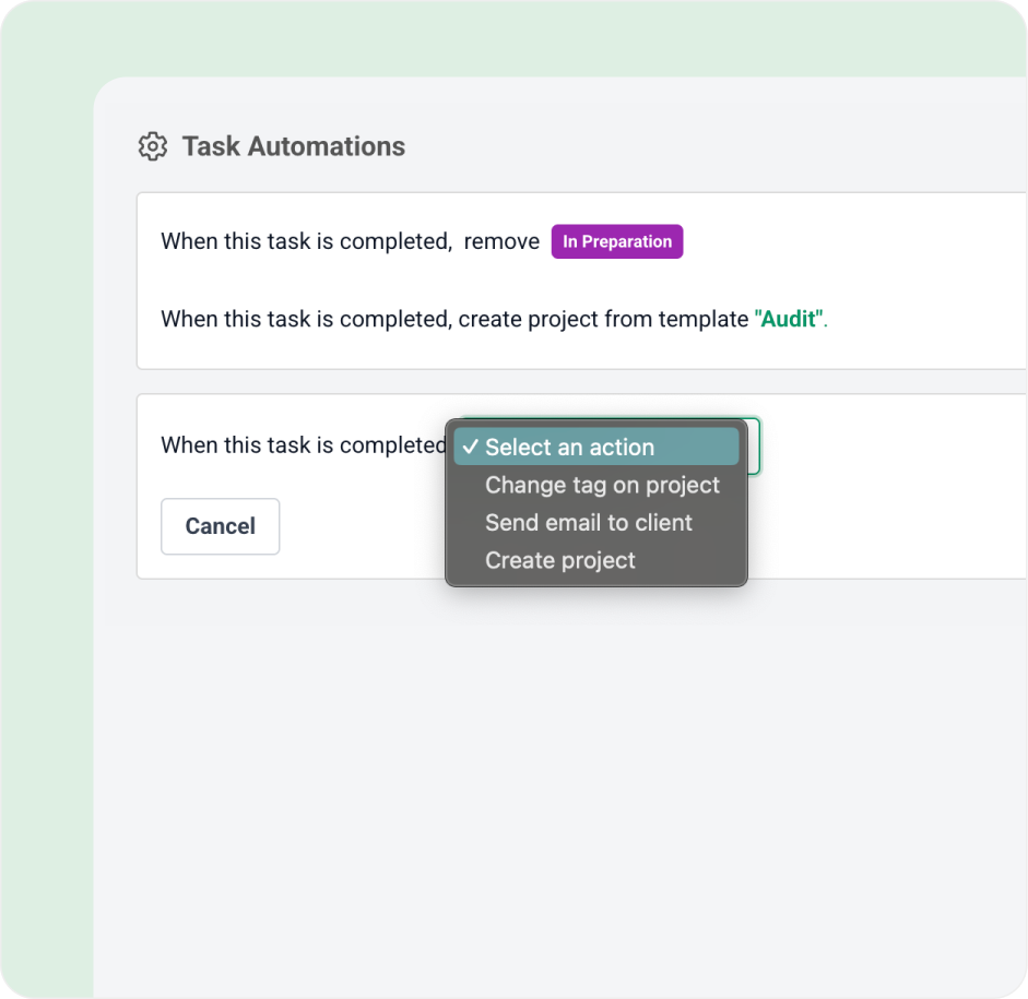 Task automation screen with dropdown to select actions like tagging, emailing, or creating.