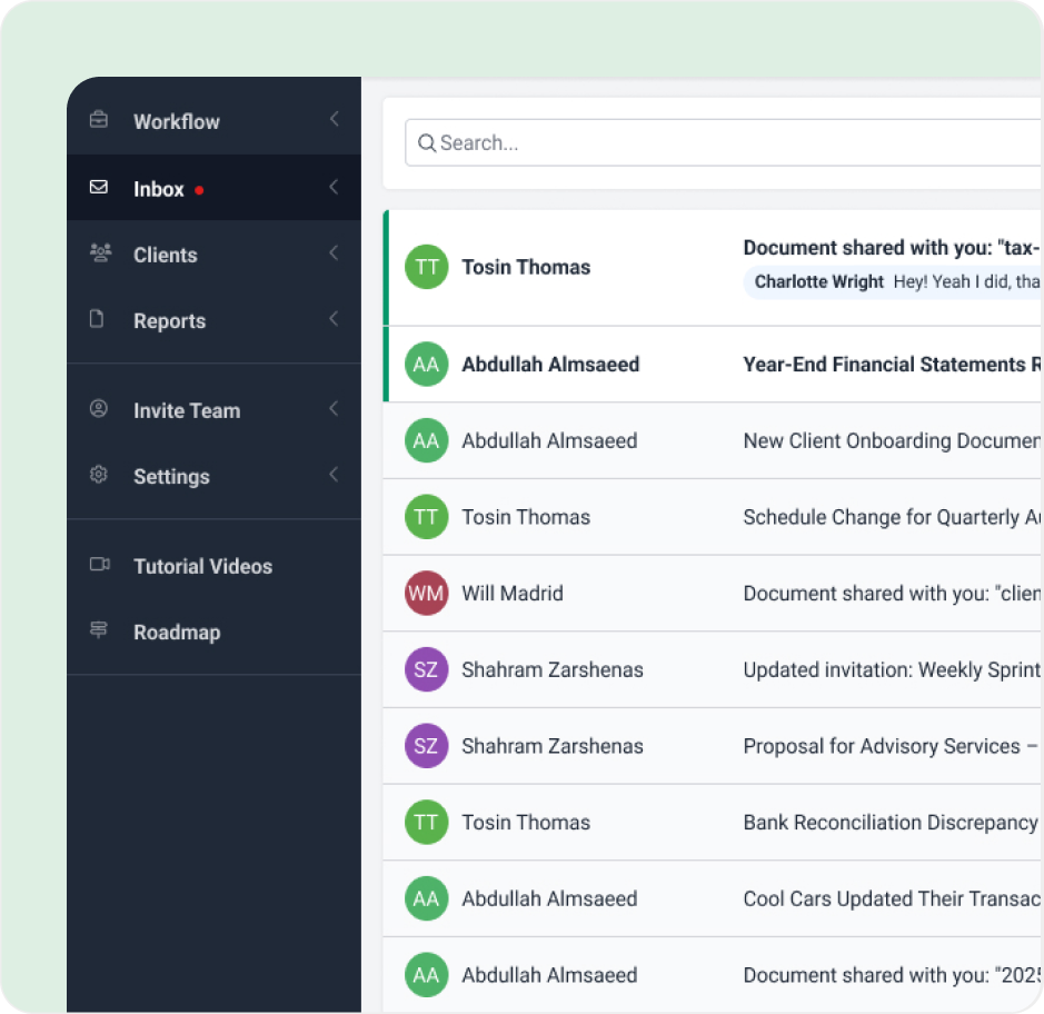 Inbox view showing message threads from clients like Tosin Thomas and Abdullah Almsaeed.