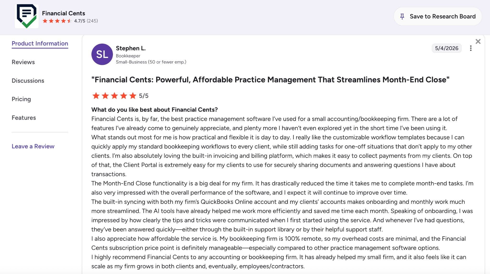Stephen L. review of Financial Cents on Capterra