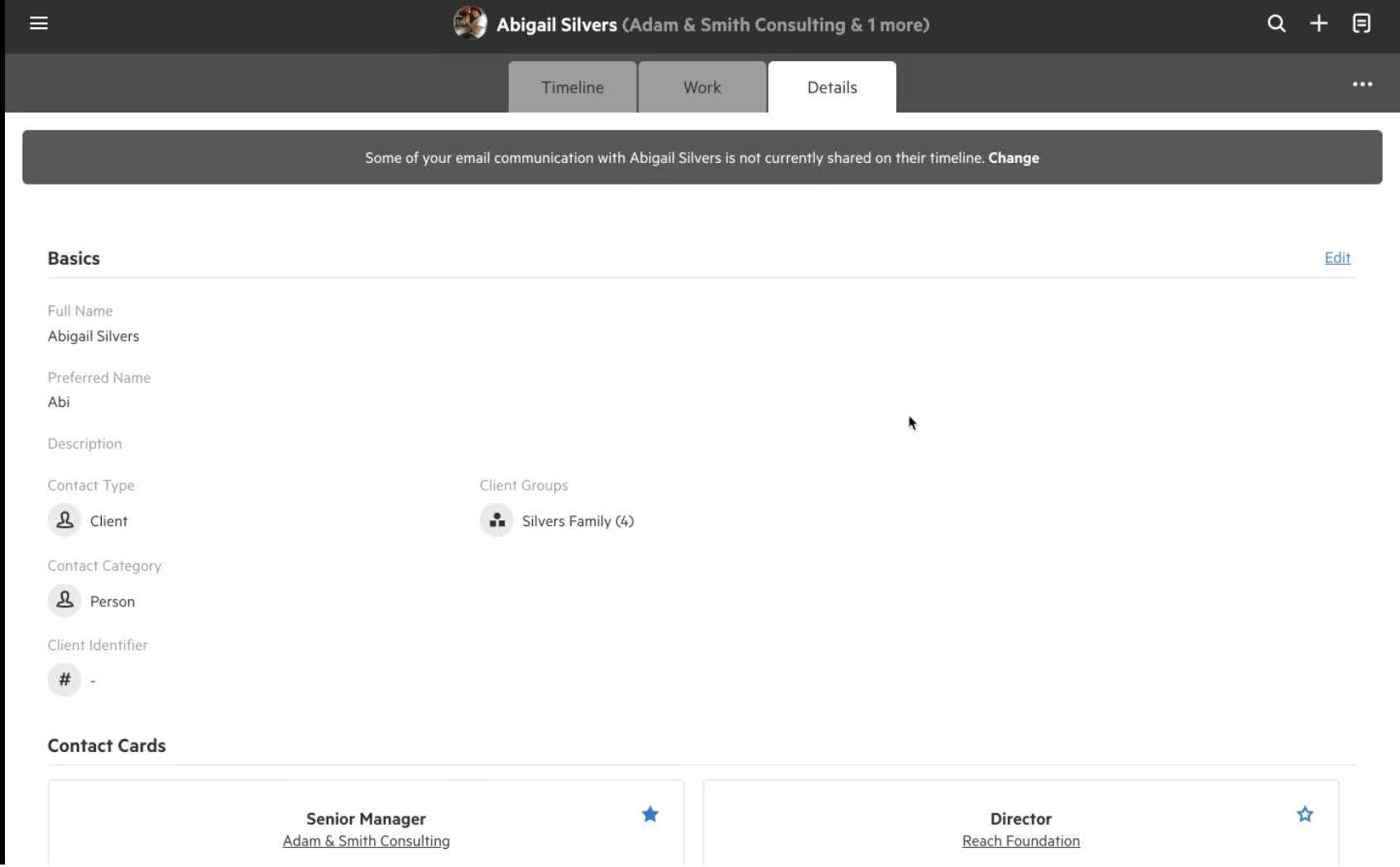Karbon's client details dashboard