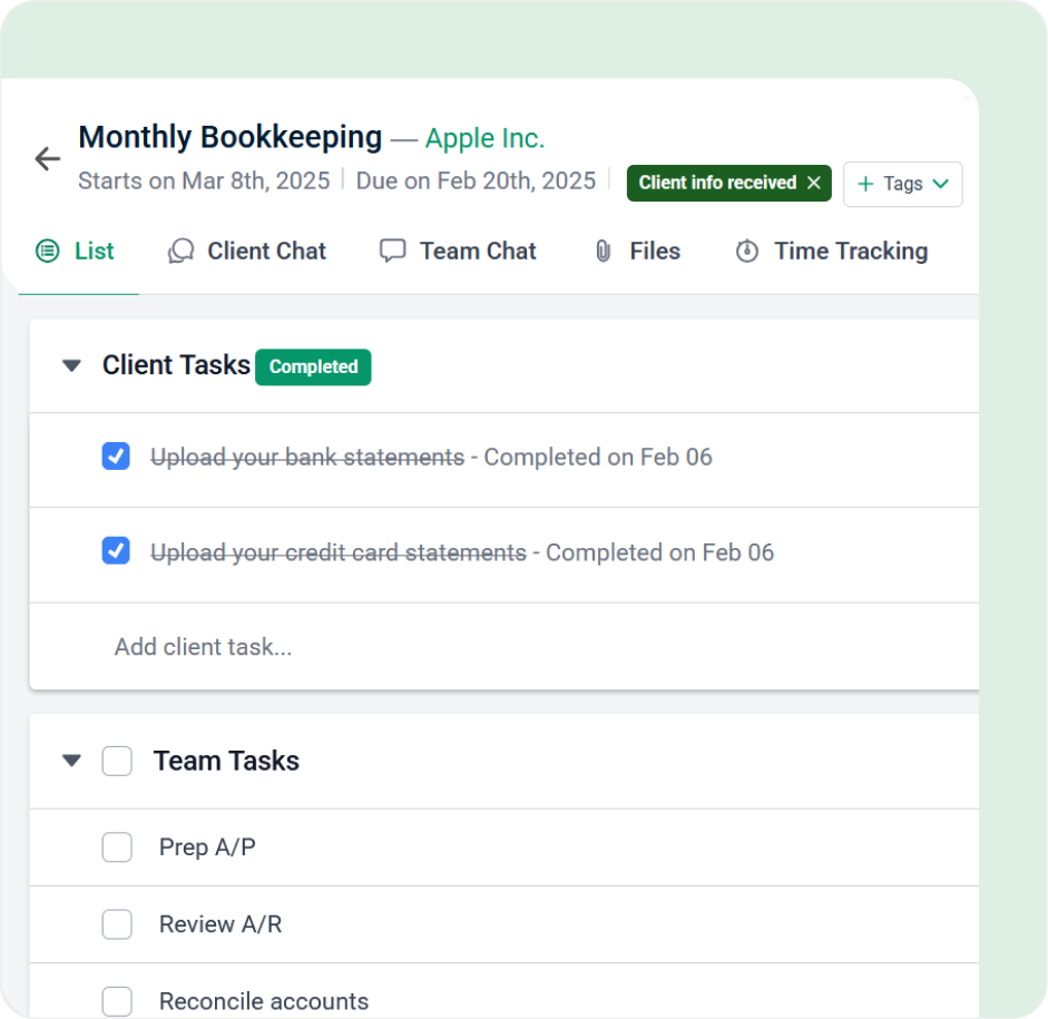 A more complete workflow A project management interface showing a Monthly Bookkeeping project for Apple Inc., with checked-off client tasks, team assignments, and options for chat, files, and time tracking—an ideal Canopy alternative.