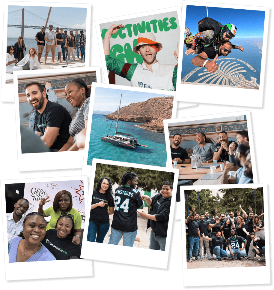 Life at Financial Cents Collage of Financial Cents team bonding activities, including travel, meetings, and skydiving.