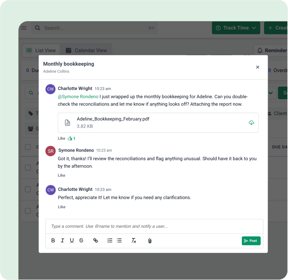 Collaborate on the actual work A screenshot of a chat about monthly bookkeeping, showing Charlotte Wright sharing a PDF report and Syone Rondeno confirming they will review it. The conversation appears in a project management or accounting software interface.