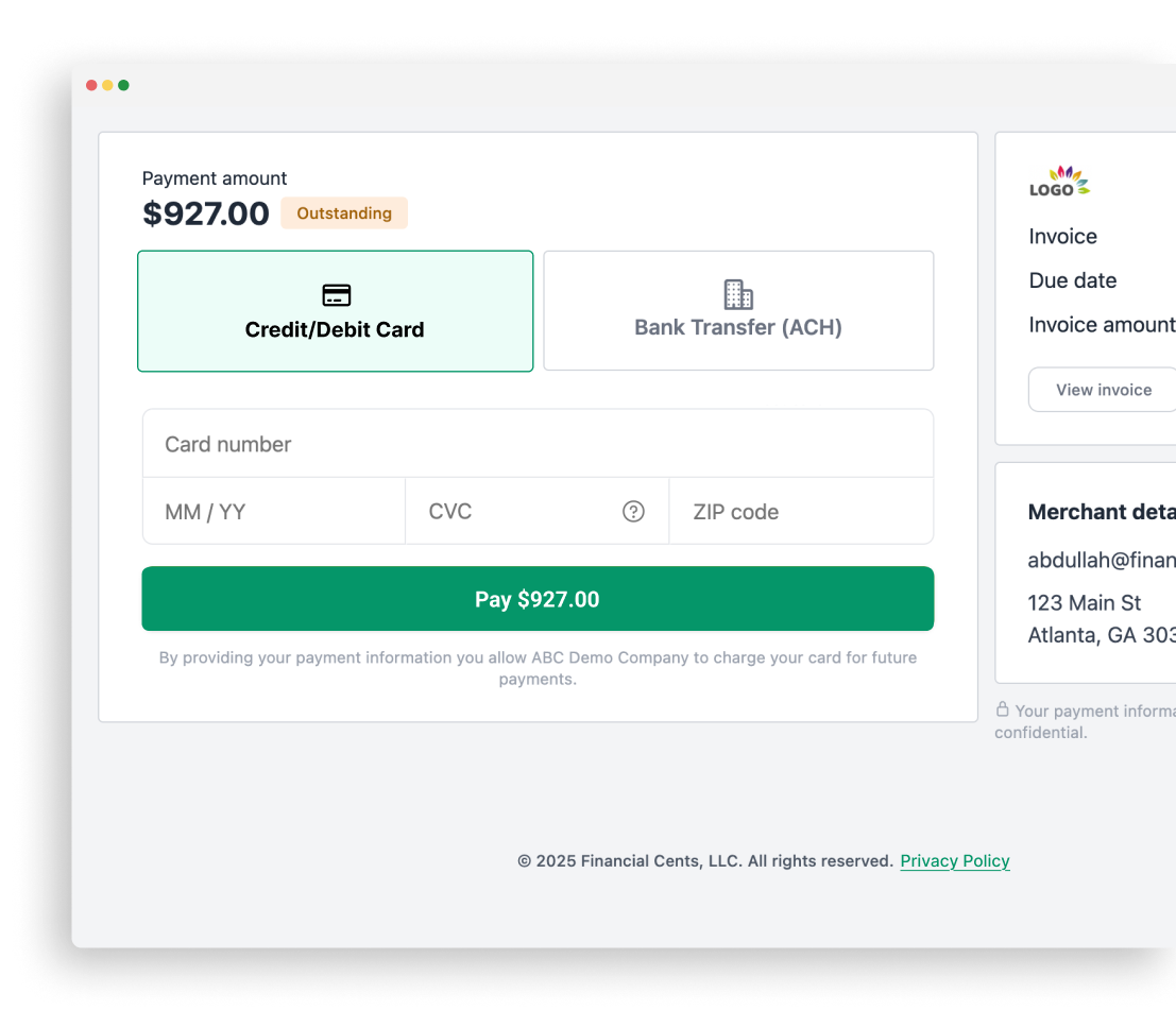Online payment form showing $927 due with credit card and ACH options and billing details.