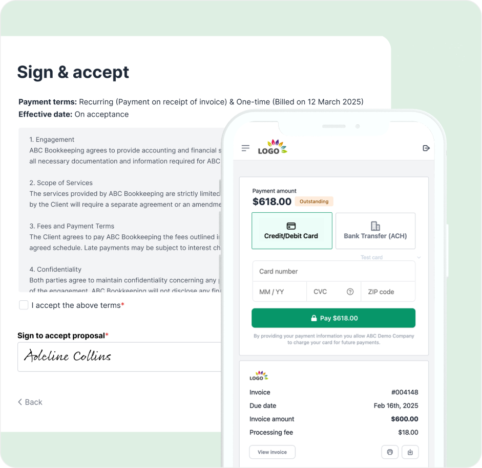 Sign proposal screen with engagement terms and a $618 payment form on mobile.
