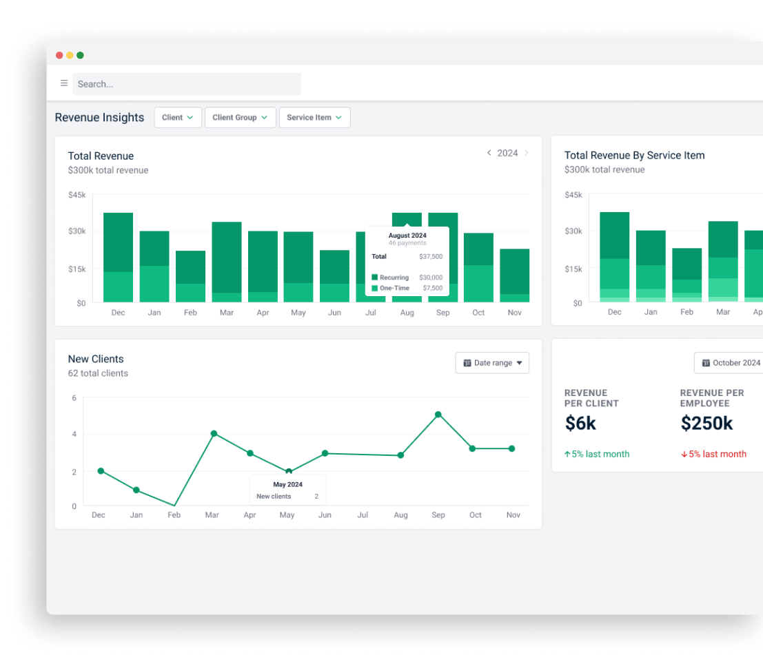 Scale your firm with insights Revenue dashboard with bar charts, client trends, and financial KPIs like revenue per employee.
