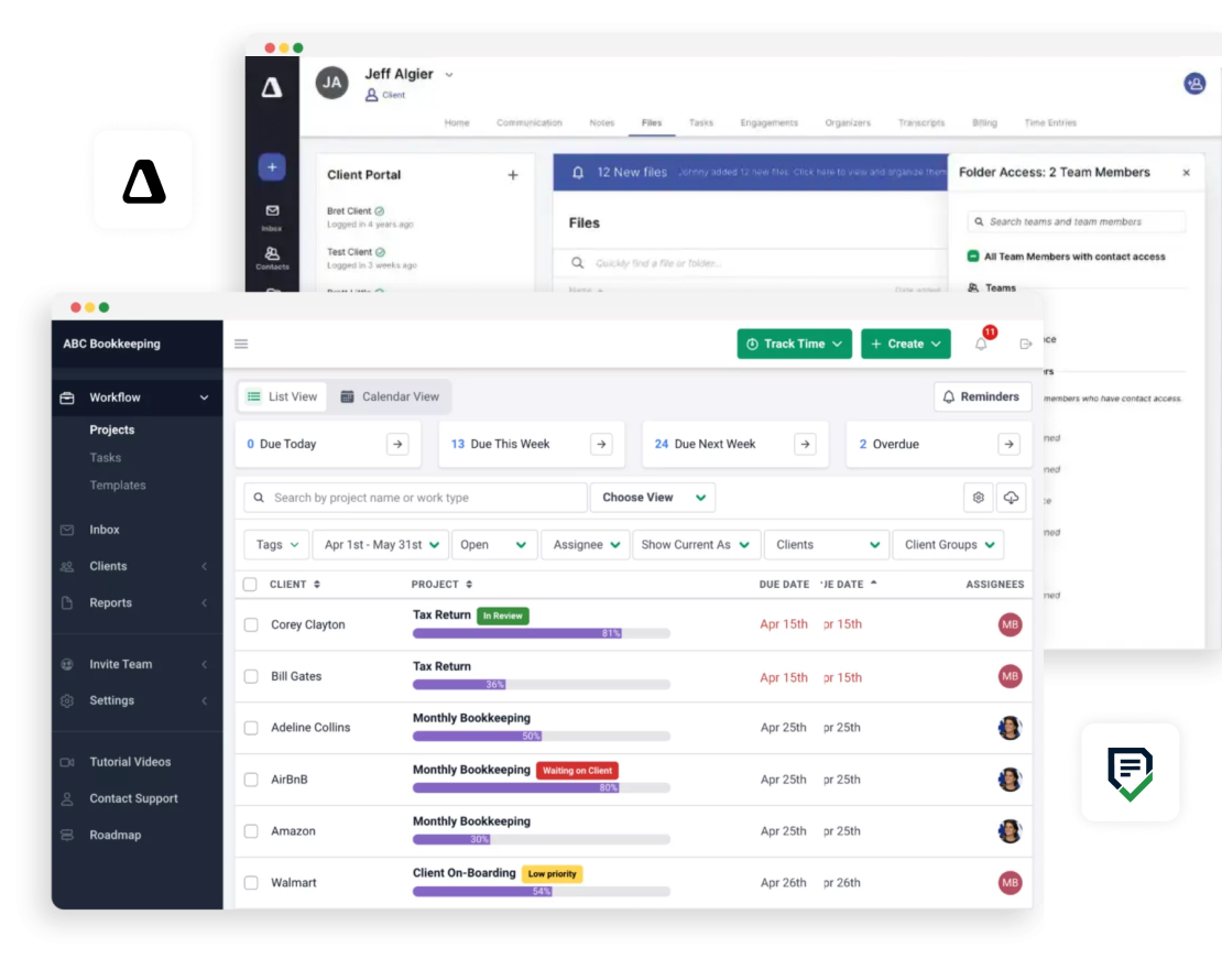 Financial Cents vs Canopy A user dashboard interface for ABC Bookkeeping, a Canopy alternative, shows a workflow menu on the left, task lists in the center, client files above, and task statuses with colored labels. The users profile appears at the top.