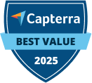 capterra-best-value A blue shield-shaped badge with the Capterra logo at the top. Below, a blue ribbon reads BEST VALUE, highlighting it as a top taxdome alternative, and 2025 is displayed at the bottom.