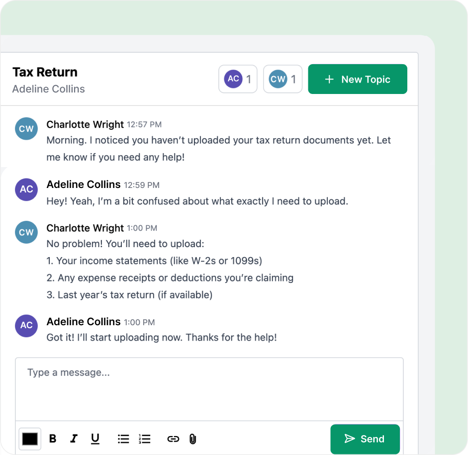 Chat thread between Adeline Collins and Charlotte Wright about uploading tax return documents.