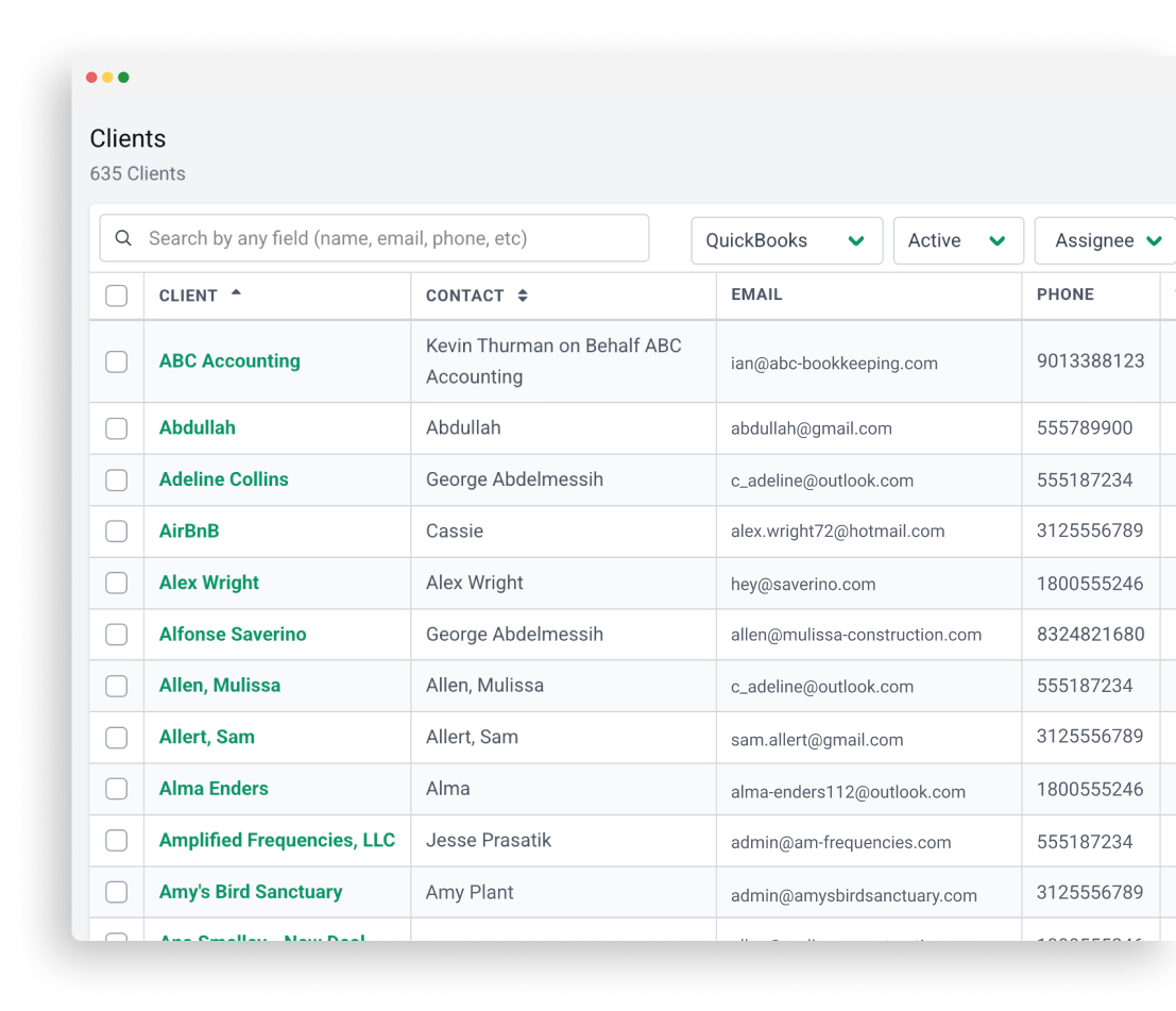 Accounting firm CRM solution Client list view with contact names, emails, phone numbers, and QuickBooks status filters.