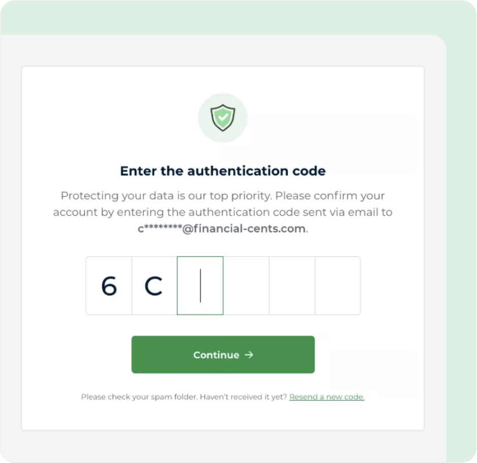 Focused on an amazing client experience Authentication screen asking user to enter a code sent to their email at financial-cents.com.