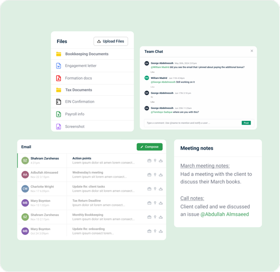 Built for accounting,
bookkeeping & tax firms A dashboard with panels showing files, team chat, emails, action points, and meeting notes—an ideal alternative to TaxDome. The interface is clean, featuring sections for documents, messages, and task summaries on a light green background.