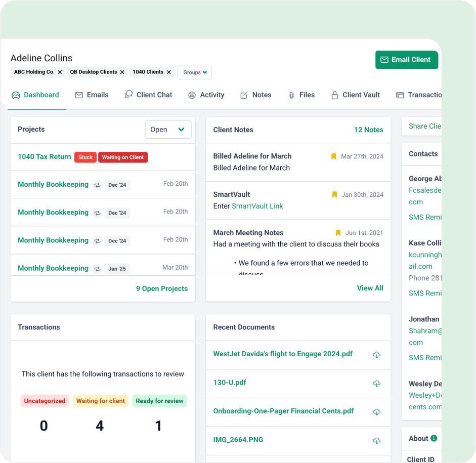 A more robust workflow A client dashboard, designed as a TaxDome alternative, displays project statuses, client notes, recent documents, tasks awaiting action, and an Email Client button for Adeline Collins—all with organized project and document lists.