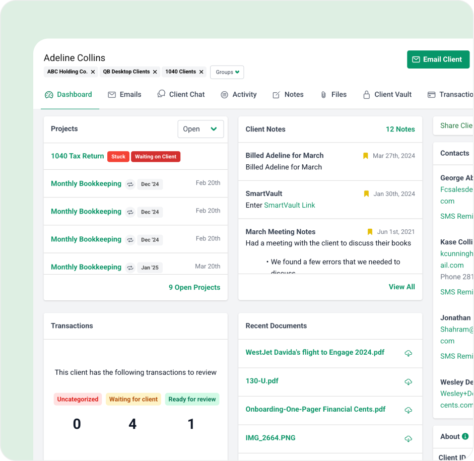 Manage your clients A financial dashboard for client Adeline Collins, showing project statuses, recent activities, and transactions—serving as one of the top Jetpack Workflow alternatives with a clean interface, navigation tabs, and downloadable documents.