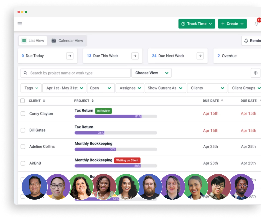 Guarantee your firm's success Project dashboard showing client tasks, due dates, progress bars, and team member avatars.