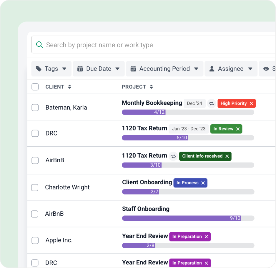 Manage everything in one place A project management dashboard displaying tasks for various clients, showing project names, due dates, status tags like “High Priority” and “In Review,” and colored progress bars—ideal for those seeking jetpack workflow alternatives.