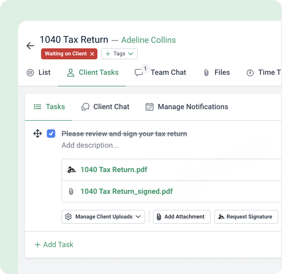 doc-management Client task screen showing signed and unsigned tax return PDFs with upload and signature tools.
