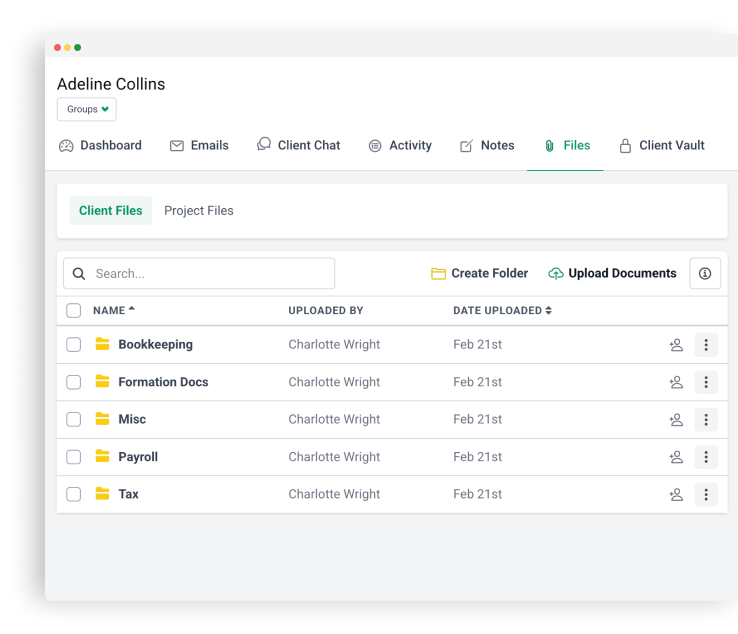 Simplify your accounting document management Client file list with folders like Bookkeeping, Tax, and Payroll uploaded by Charlotte Wright.