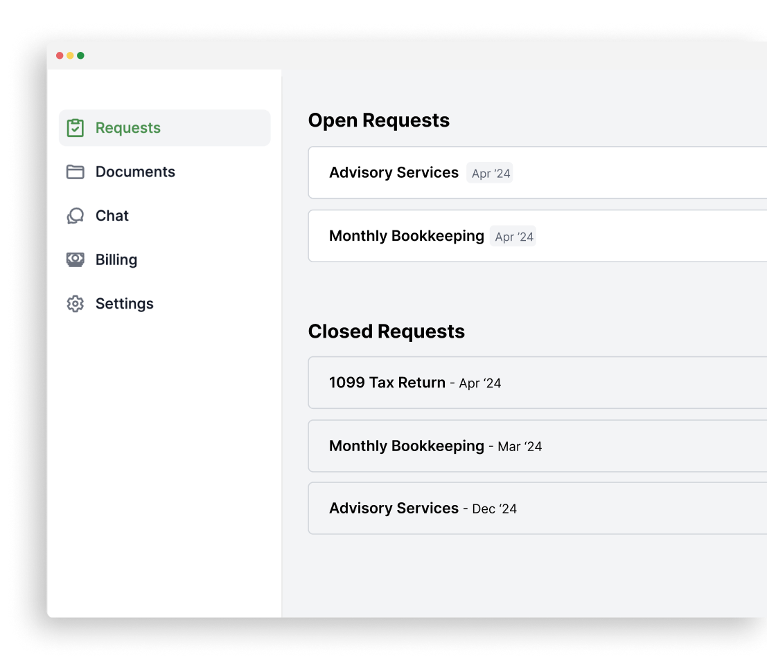 Scale your firm with insights Dashboard showing open and closed requests like Advisory Services and Monthly Bookkeeping.