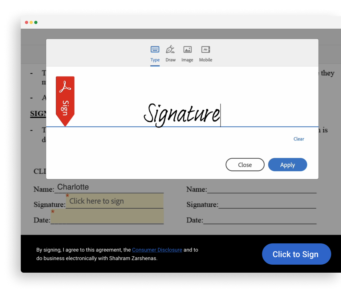 Seamlessly collect e-signatures from clients Digital signature interface showing typed name ready to be applied on a document form.