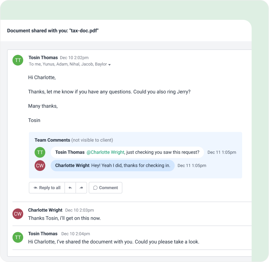 Collaborate on emails Screenshot of an email thread discussing a shared PDF document. Tosin Thomas asks Charlotte Wright to check the document and follow up with Jerry. Charlotte replies confirming she saw the message and will respond soon.