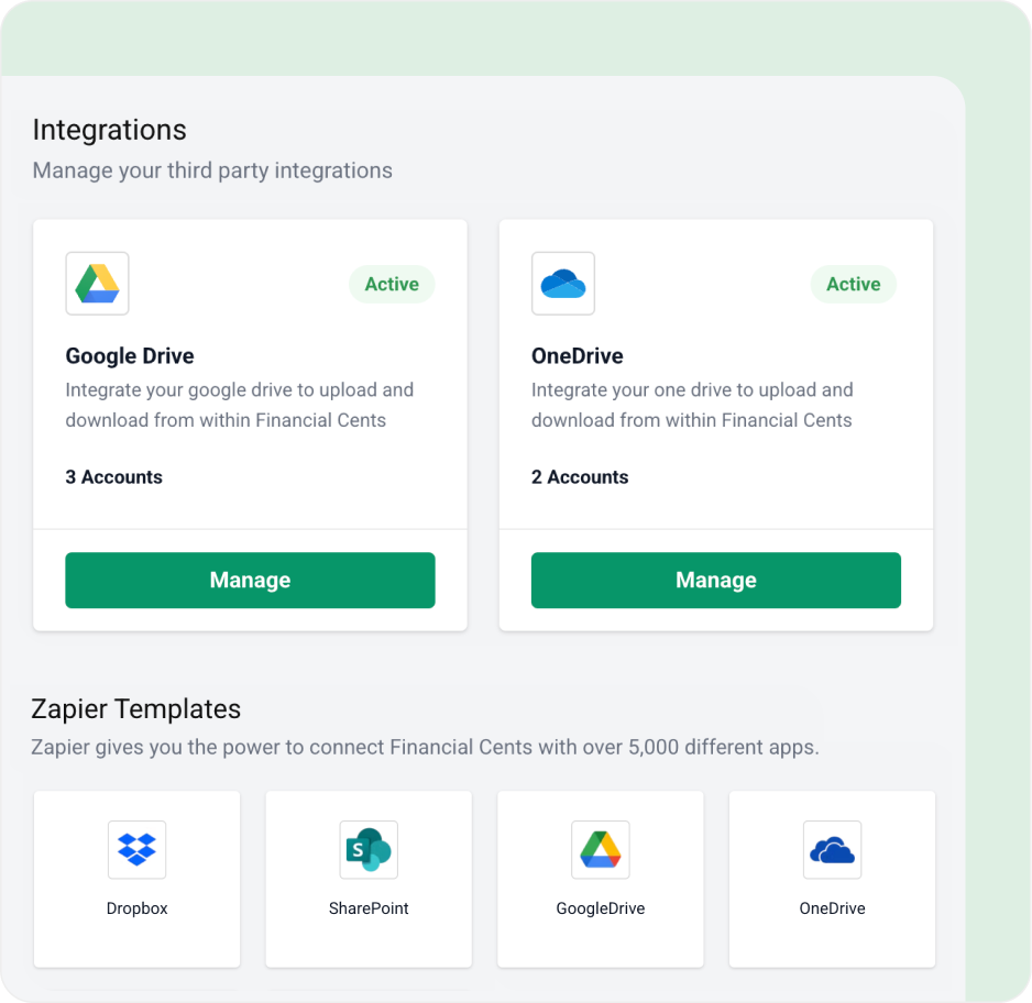 Connect your existing DMS
to Financial Cents Integrations screen with active Google Drive and OneDrive, plus Zapier app options below.