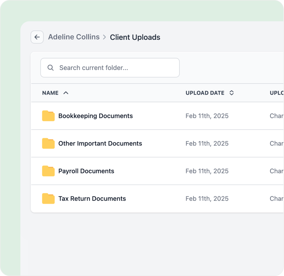 Folder sharing Folder list showing client uploads like Bookkeeping and Payroll, dated February 11, 2025.