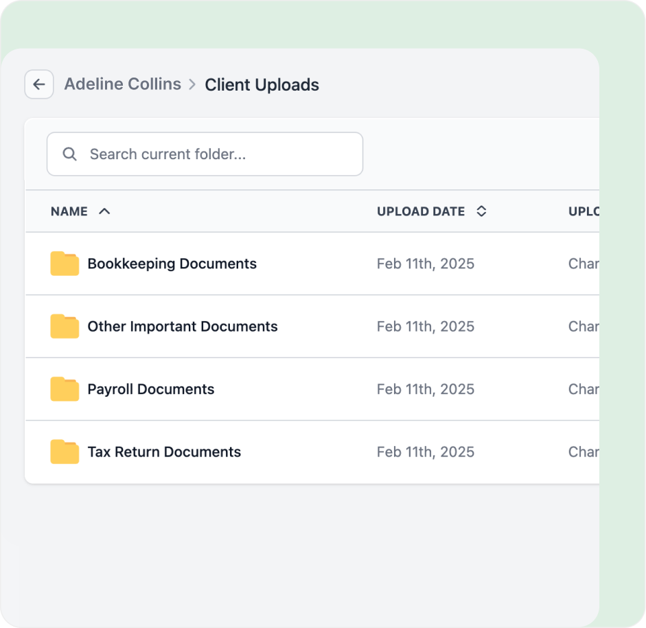 Folder list showing client uploads like Bookkeeping and Payroll, dated February 11, 2025.