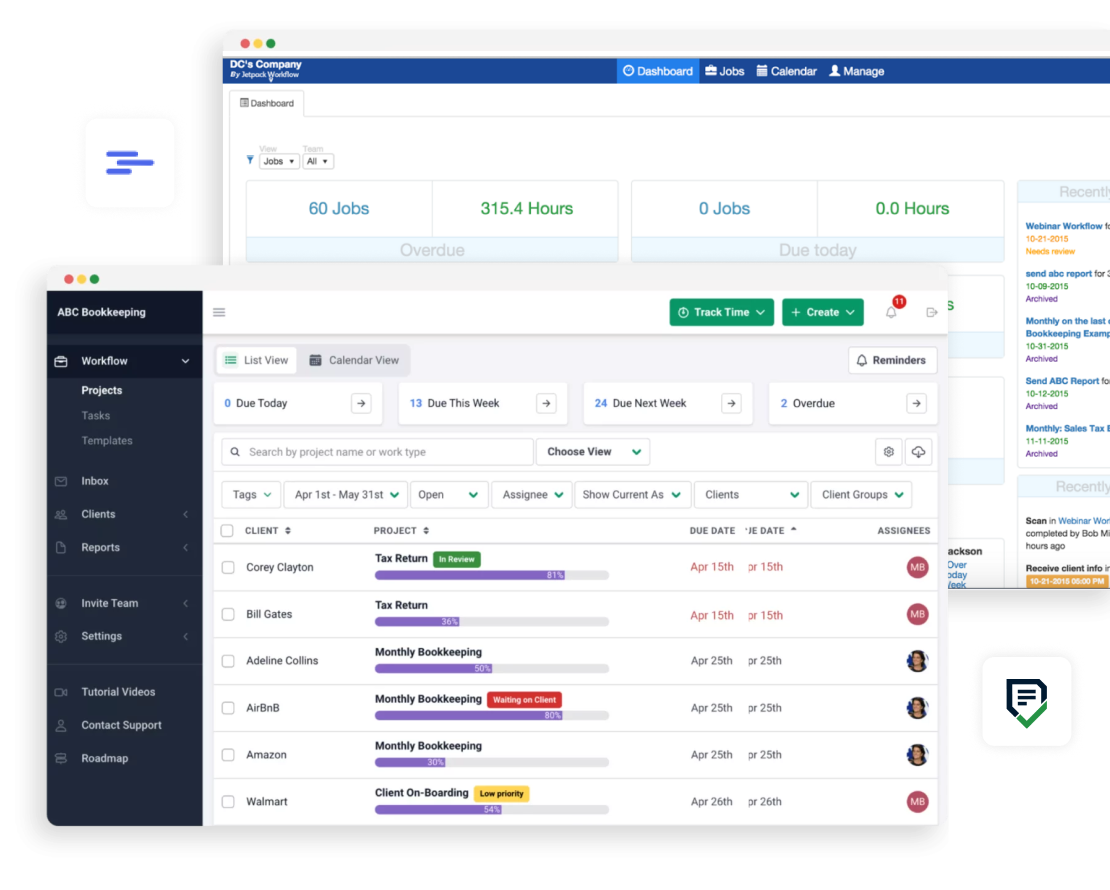 Financial Cents vs Jetpack Workflow A dashboard showing job tracking, hours worked, client tasks, project deadlines, and status updates—ideal for those seeking Jetpack Workflow alternatives in bookkeeping workflow management software.