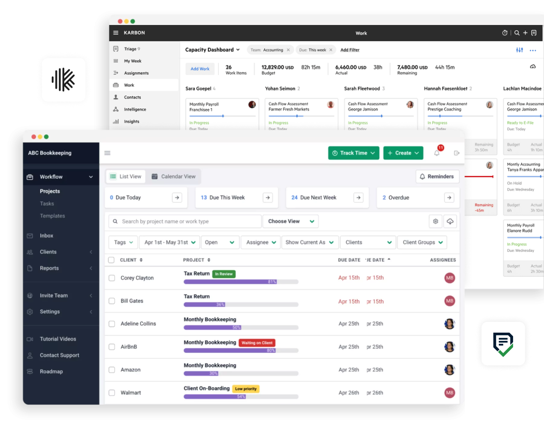 Financial Cents vs Karbon A screenshot of a business management dashboard, ideal for those seeking Karbon Alternatives, shows project tasks, calendars, client names, deadlines, and workflow menus. The interface includes buttons for tracking time and viewing team activities.