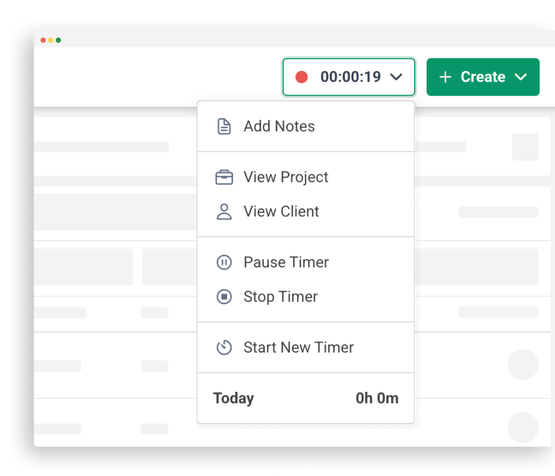 A digital timer app interface showing a running timer at 00:00:19, a green Create button, and a dropdown menu with options to add notes, view project, view client, pause timer, stop timer, and start new timer.