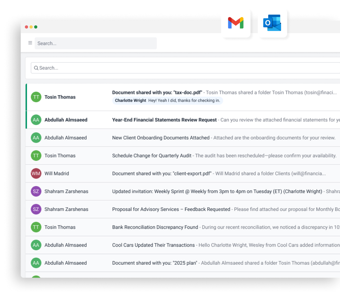 A screenshot of an email inbox displaying several messages related to financial statements, meetings, and document sharing. Gmail and Outlook icons appear at the top right of the screen.