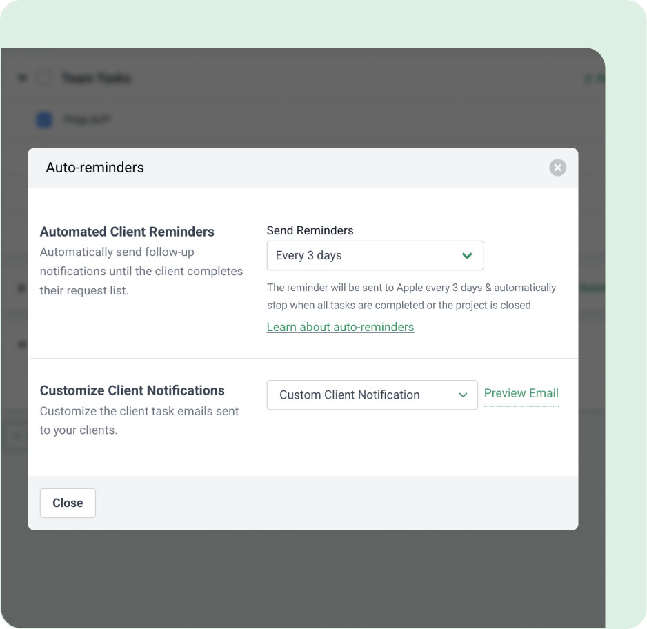 Never chase clients for signatures Auto-reminders panel showing settings for sending client reminders and customizing emails.