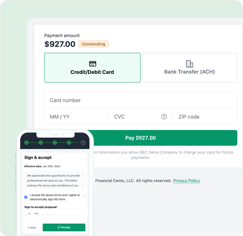 paid-on-time Screen showing $927 payment form and mobile view of sign & accept form with digital signature.