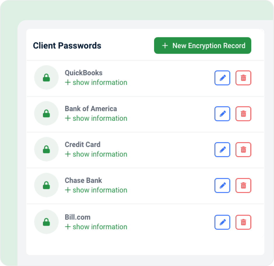 Client password list with services like QuickBooks, Chase Bank, and Bill.com, with edit tools.