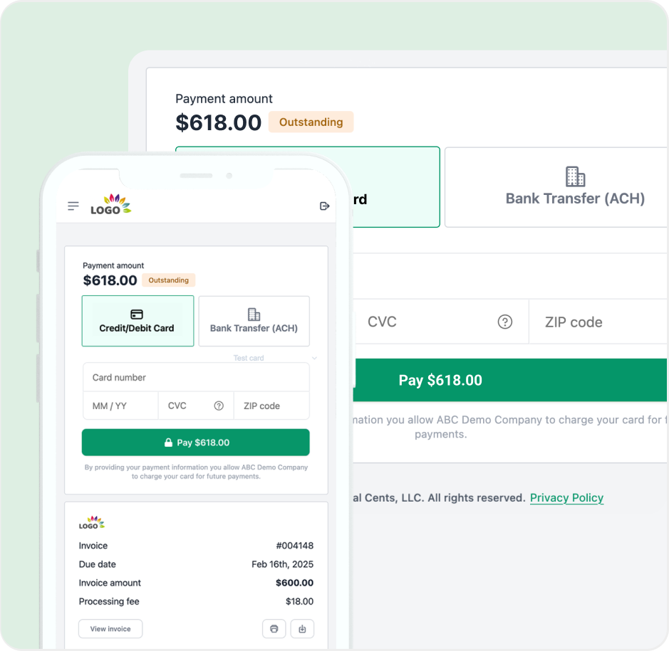 Invoicing and payments Payment screen showing $618 due with credit card and ACH options on mobile and desktop.