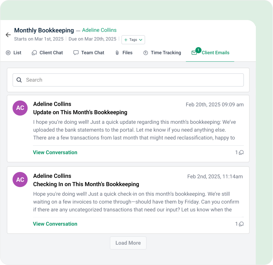 A project management dashboard displays client emails for Monthly Bookkeeping. Two email messages from Adeline Collins discuss updates and questions about bookkeeping tasks, with options to view the full conversations.