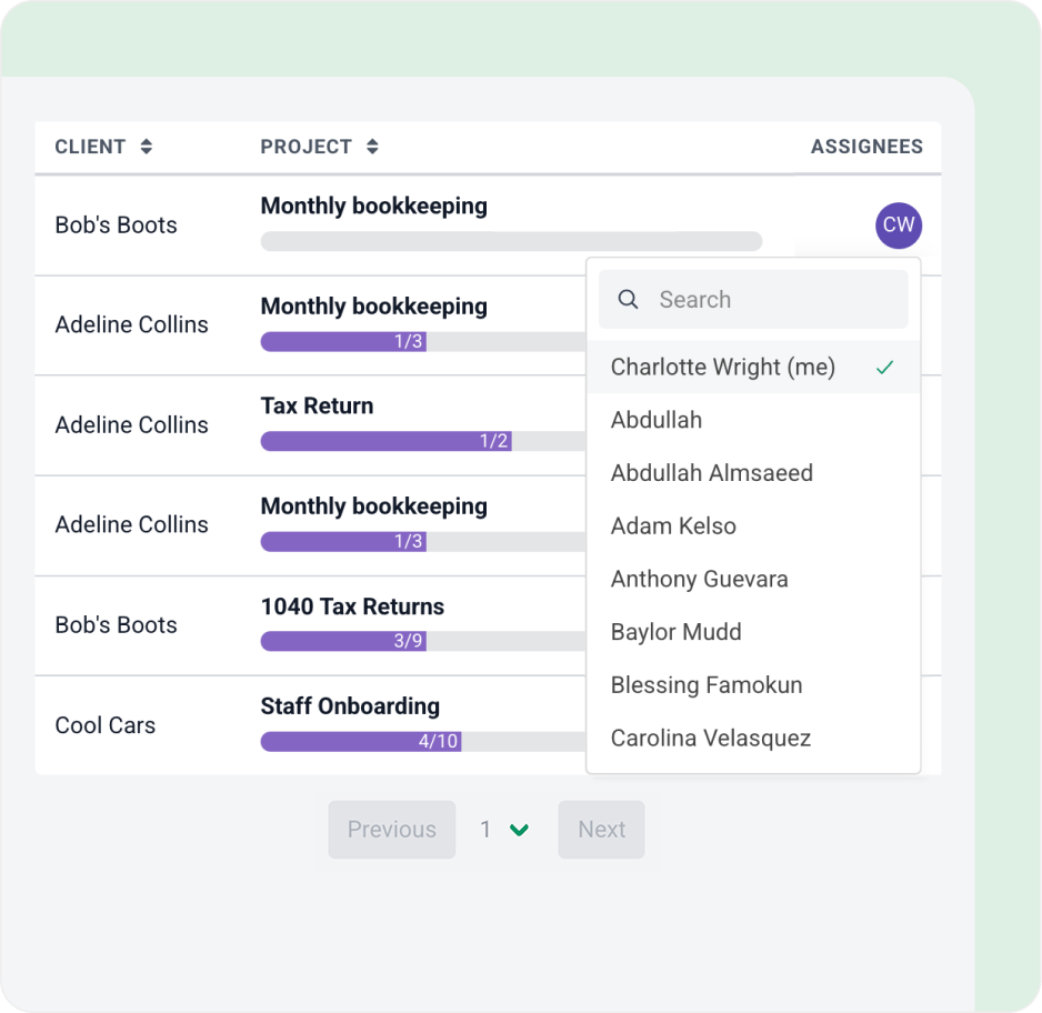 A project management interface showing a list of tasks with progress bars, client and project names, plus a dropdown menu for selecting assignees. The dropdown displays a searchable list of team members.