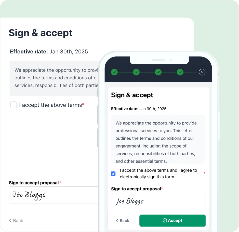Proposals Sign and accept screen with form fields and digital signature for accepting a proposal.