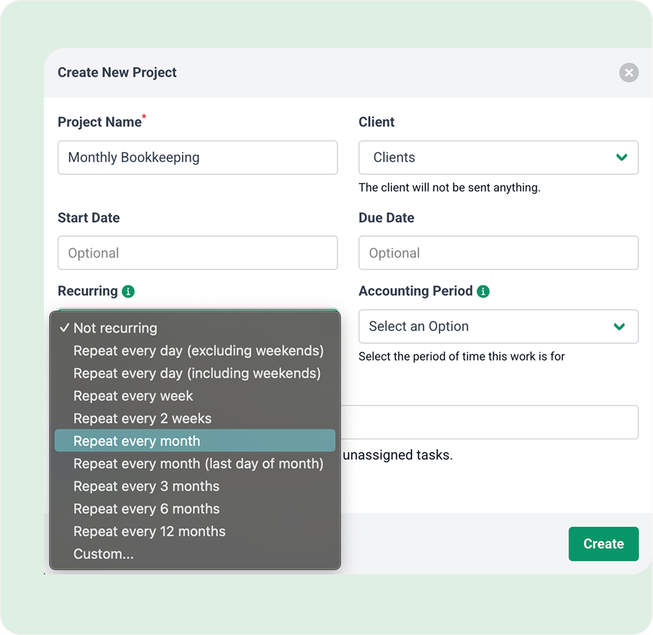 Automate recurring work A project creation form is displayed with fields for project name, client, start date, accounting period, and recurring options. The Recurring dropdown is open, highlighting Repeat every month in blue.