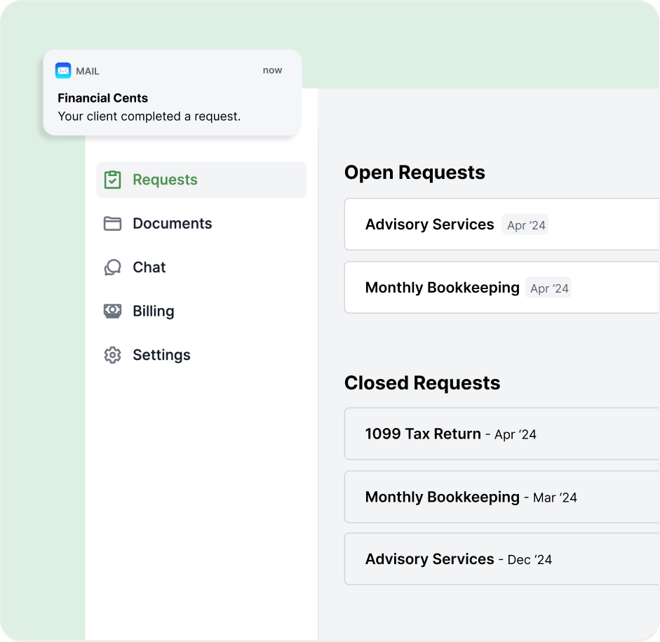 Client requests Request dashboard with open and closed tasks, and a notification of client completion.