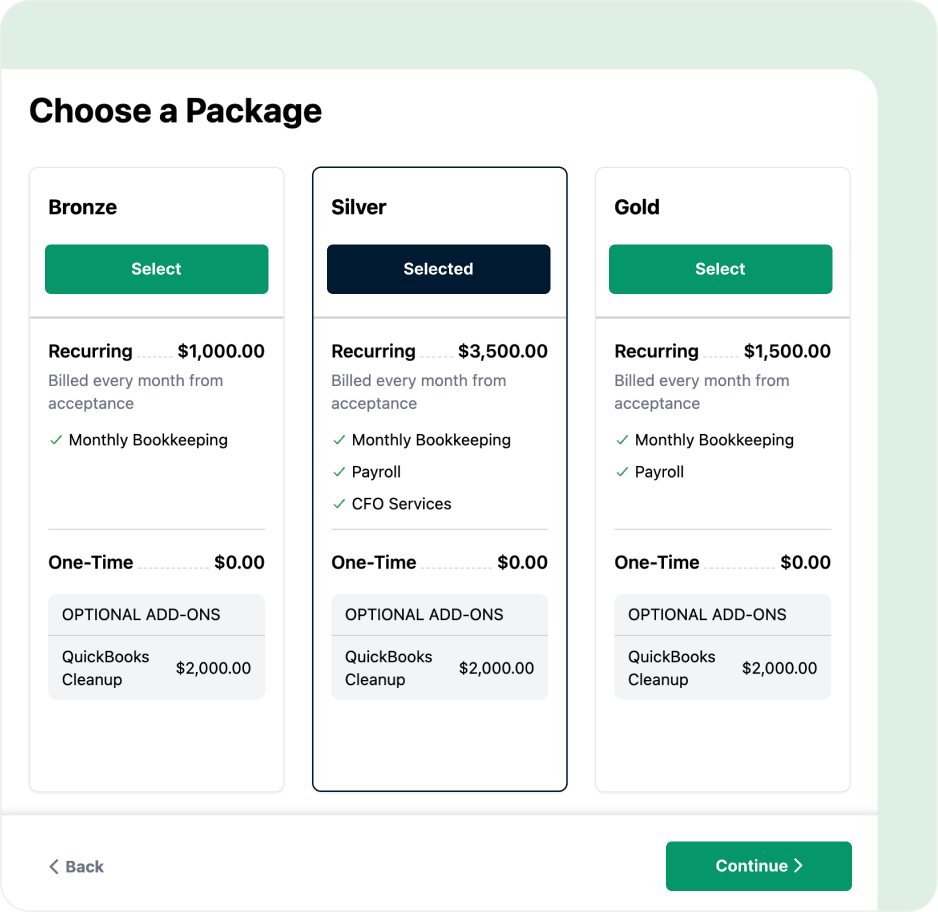 Grow you revenue Package selection screen showing Bronze, Silver, and Gold plans with pricing and add-ons.