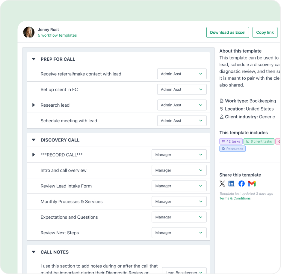 Scale your firm with documented processes A workflow template dashboard displays sections for prepping and conducting client calls, with tasks assigned to team roles such as Admin Assistant and Manager, alongside options to download as Excel or copy a link.
