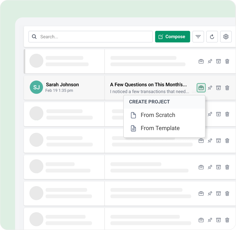 A dashboard shows an email inbox interface with a message selected. A dropdown menu offers options to create a project from scratch or a template. The “Compose” button is visible at the top right.