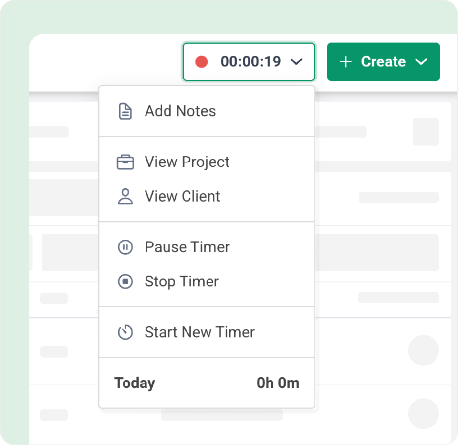 Screenshot of a digital time tracking interface showing a running timer and a dropdown menu with options like Add Notes, View Project, View Client, Pause Timer, Stop Timer, and Start New Timer. The interface has a green 'Create' button and a timer currently running at 00:00:19.