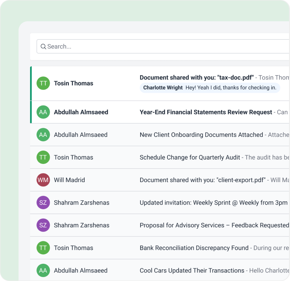 An email inbox interface shows a list of messages from various senders, with subject lines such as Document shared with you: tax-doc.pdf and Year-End Financial Statements Review Request.